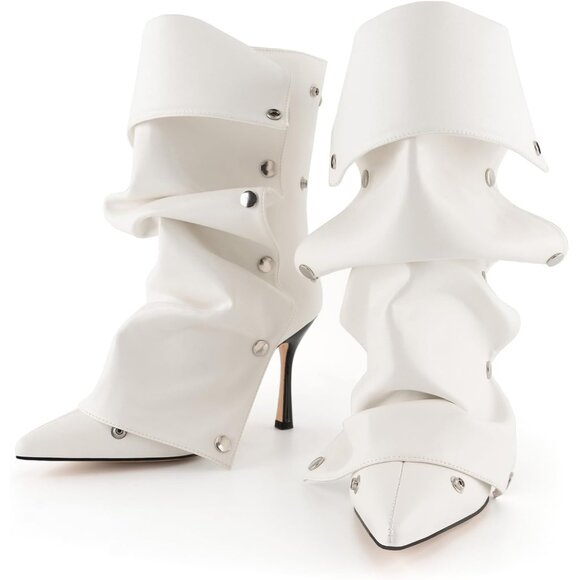 ⚡Women White Polyurethane Slouchy Stiletto High Heel Pointed Toe Fold Shark Boot - Picture 1 of 7